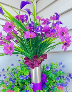 GRAVE SITE FLOWER ARRANGEMENT - w/ Purple Flowers & Tulips
