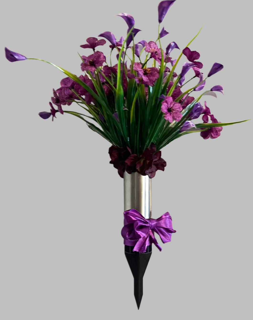GRAVE SITE FLOWER ARRANGEMENT - w/ Purple Flowers & Tulips