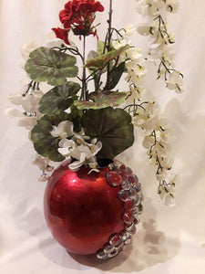 ROUND RED JEWELED VASE-White and Red Flower Arrangement
