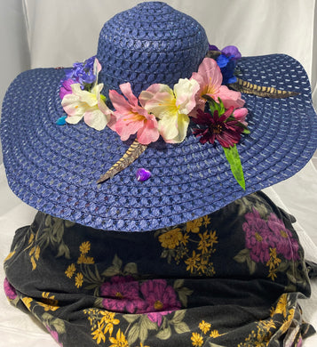 SALLIE-  Dark Blue Hat w/ Multi flowers and hearts