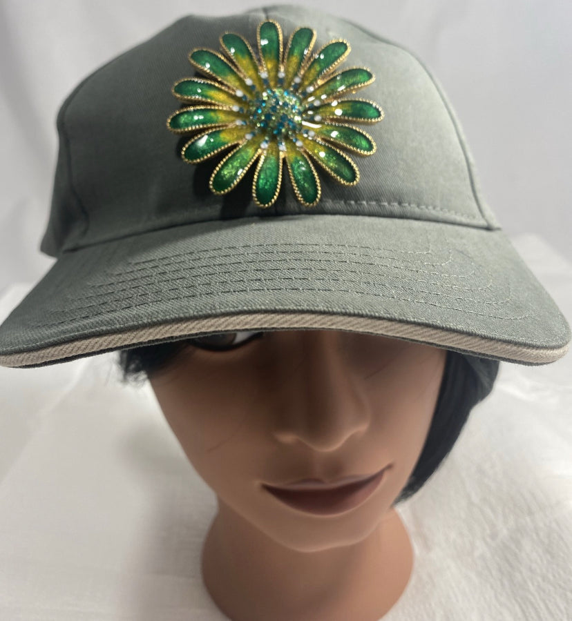 OLIVE-GREEN CAP w/FLOWER