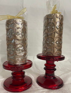 BRONZE/GOLDEN CANDLES-red glass colders