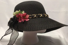 ADRIEL-  Black Bonnet w/Red ,White and Gold Chin Accents Hat
