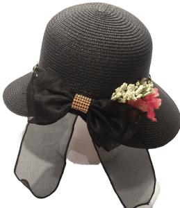 ADRIEL-  Black Bonnet w/Red ,White and Gold Chin Accents Hat
